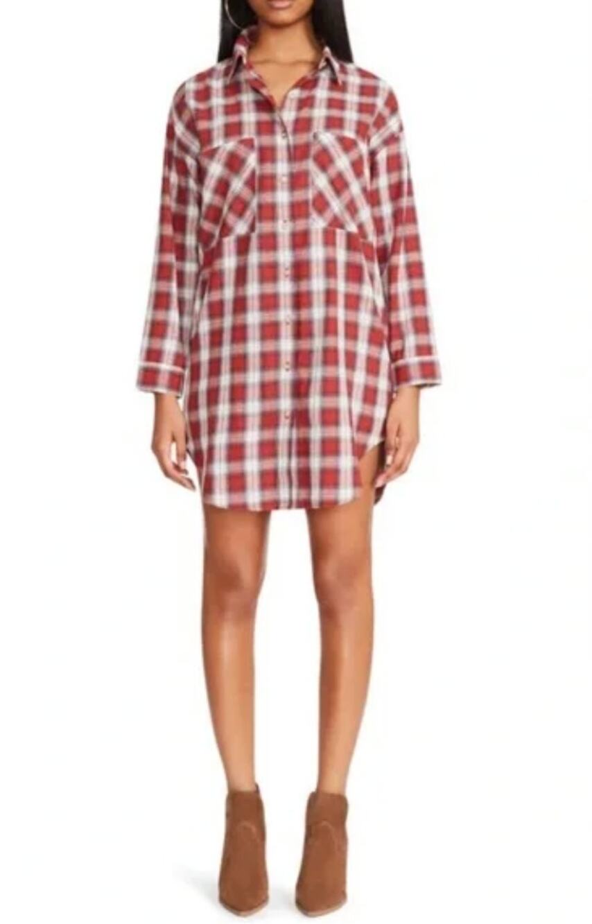 BB Dakota Steve Madden Country Doll Long Sleeve Plaid Shirt Dress Size S Red